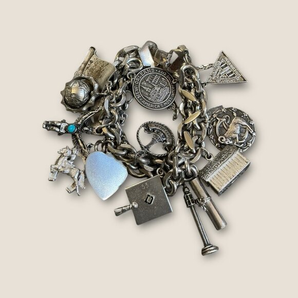 Estate Vintage Charm Bracelet Loaded With Sterling Charms Including Bell Trading - Picture 1 of 16